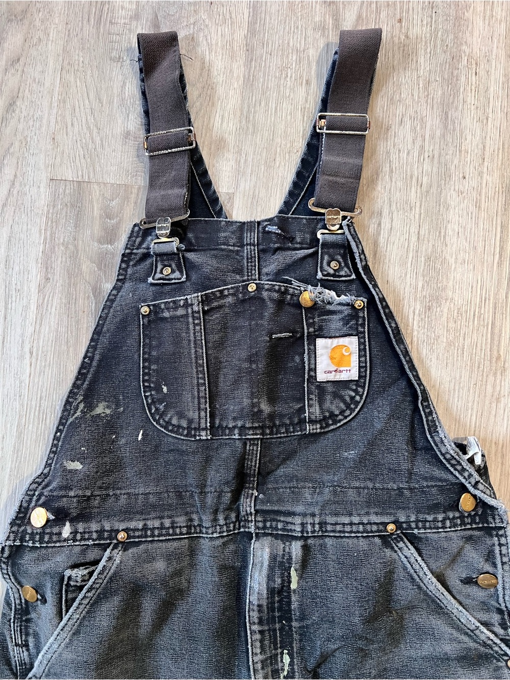 Heavily Daded Black Carhartt Double-Knee Bib Overalls